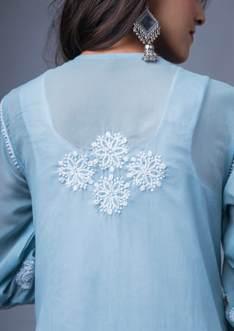 Firdaus Chikan Hand Embroidered Sky Blue Cotton Lucknowi Chikan Kurta-FCL10012