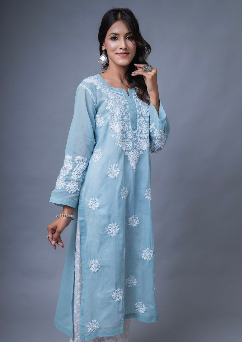 Firdaus Chikan Hand Embroidered Sky Blue Cotton Lucknowi Chikan Kurta-FCL10012