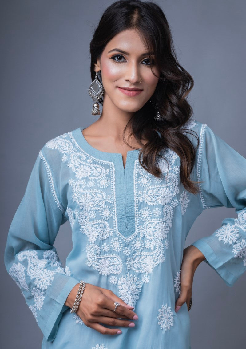 Firdaus Chikan Hand Embroidered Sky Blue Cotton Lucknowi Chikan Kurta-FCL10012