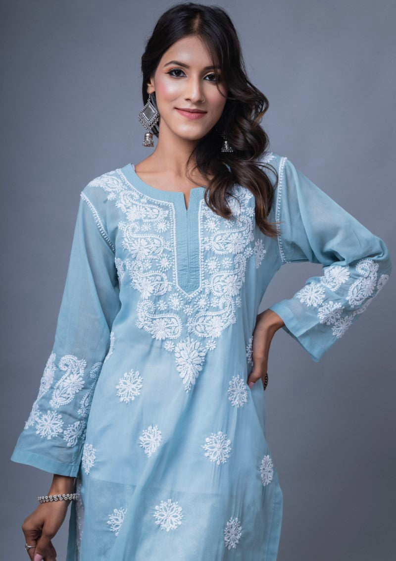 Firdaus Chikan Hand Embroidered Sky Blue Cotton Lucknowi Chikan Kurta-FCL10012