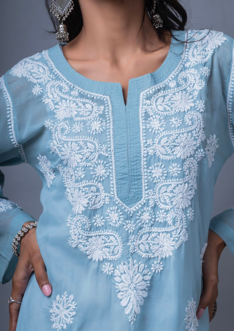 Firdaus Chikan Hand Embroidered Sky Blue Cotton Lucknowi Chikan Kurta-FCL10012