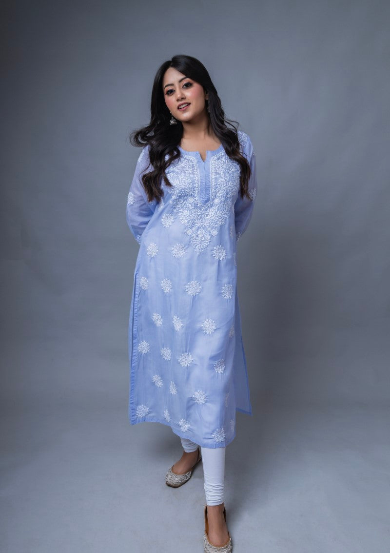 Firdaus Chikan Hand Embroidered Sky Blue Cotton Lucknowi Chikan Kurta-FCL10013