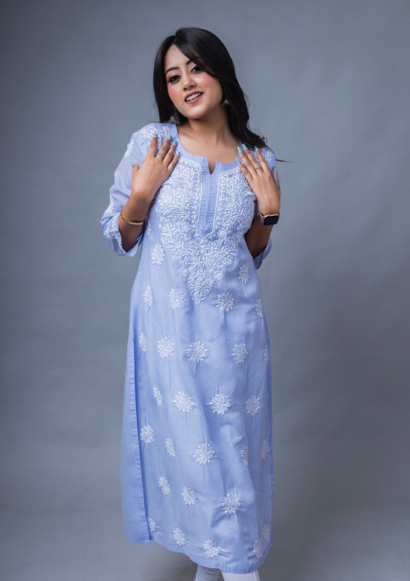 Firdaus Chikan Hand Embroidered Sky Blue Cotton Lucknowi Chikan Kurta-FCL10013