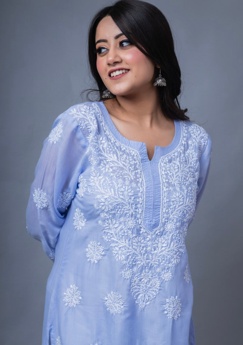 Firdaus Chikan Hand Embroidered Sky Blue Cotton Lucknowi Chikan Kurta-FCL10013