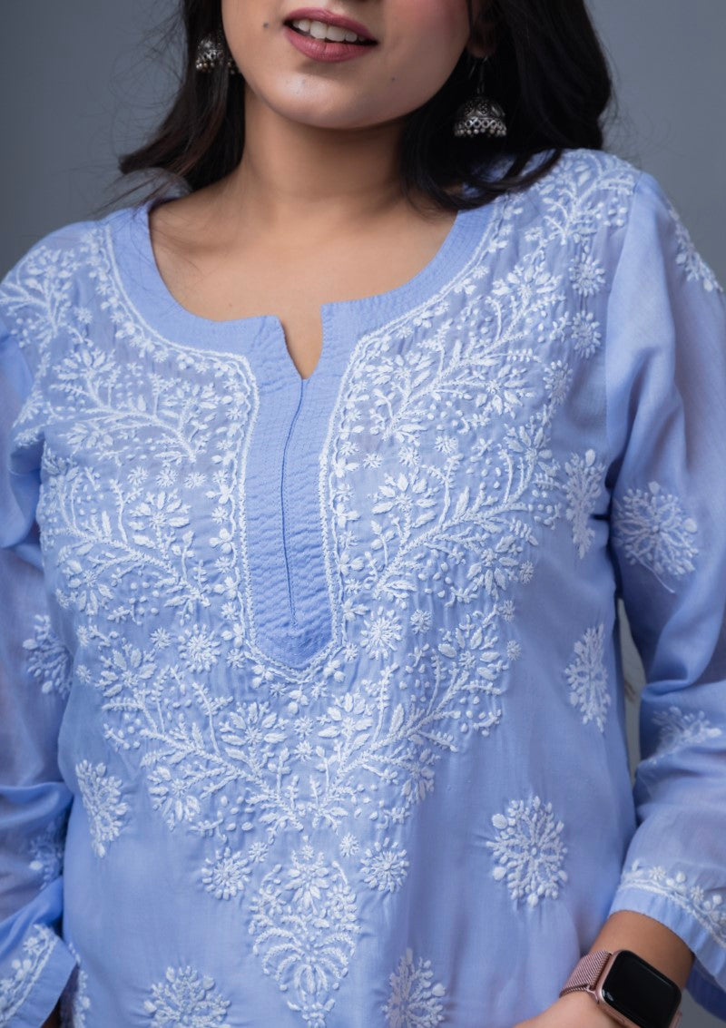 Firdaus Chikan Hand Embroidered Sky Blue Cotton Lucknowi Chikan Kurta-FCL10013