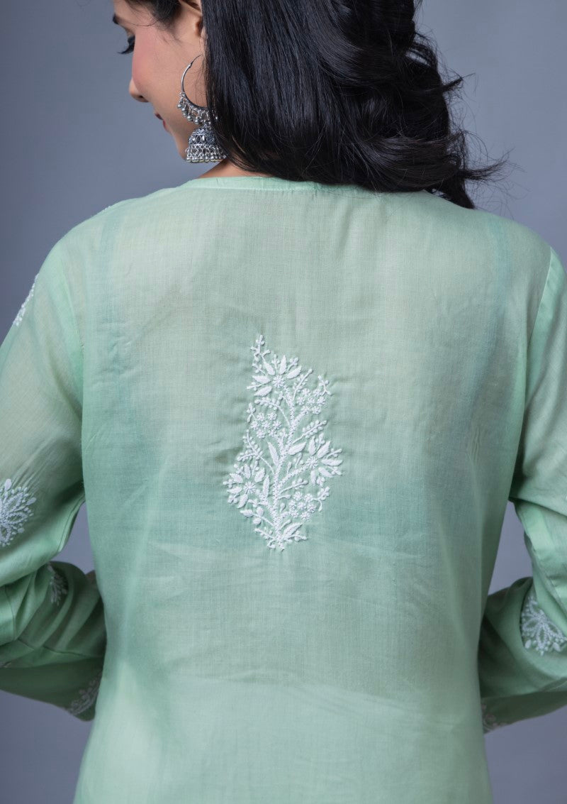 Firdaus Chikan Hand Embroidered Sky Green Cotton Lucknowi Chikan Kurta-FCL10014