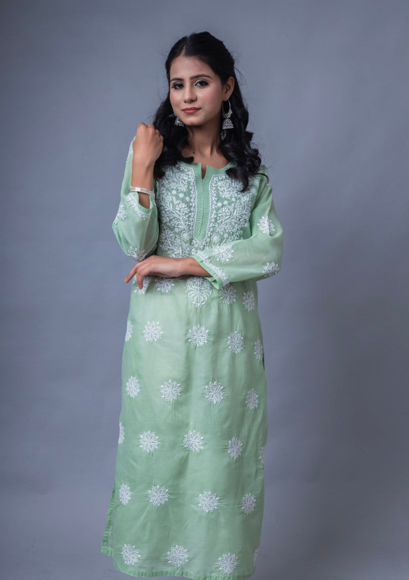 Firdaus Chikan Hand Embroidered Sky Green Cotton Lucknowi Chikan Kurta-FCL10014