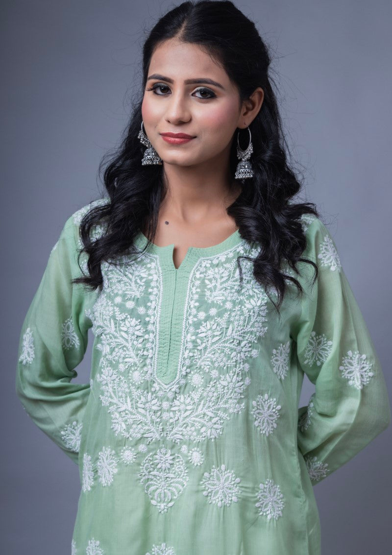 Firdaus Chikan Hand Embroidered Sky Green Cotton Lucknowi Chikan Kurta-FCL10014