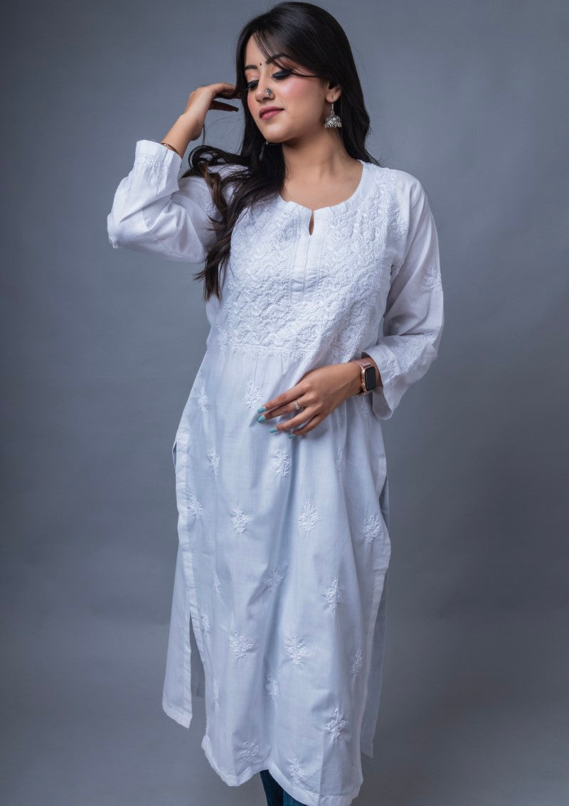 Firdaus Chikan Hand Embroidered White Cotton Lucknowi Chikan Kurta-FCL10016