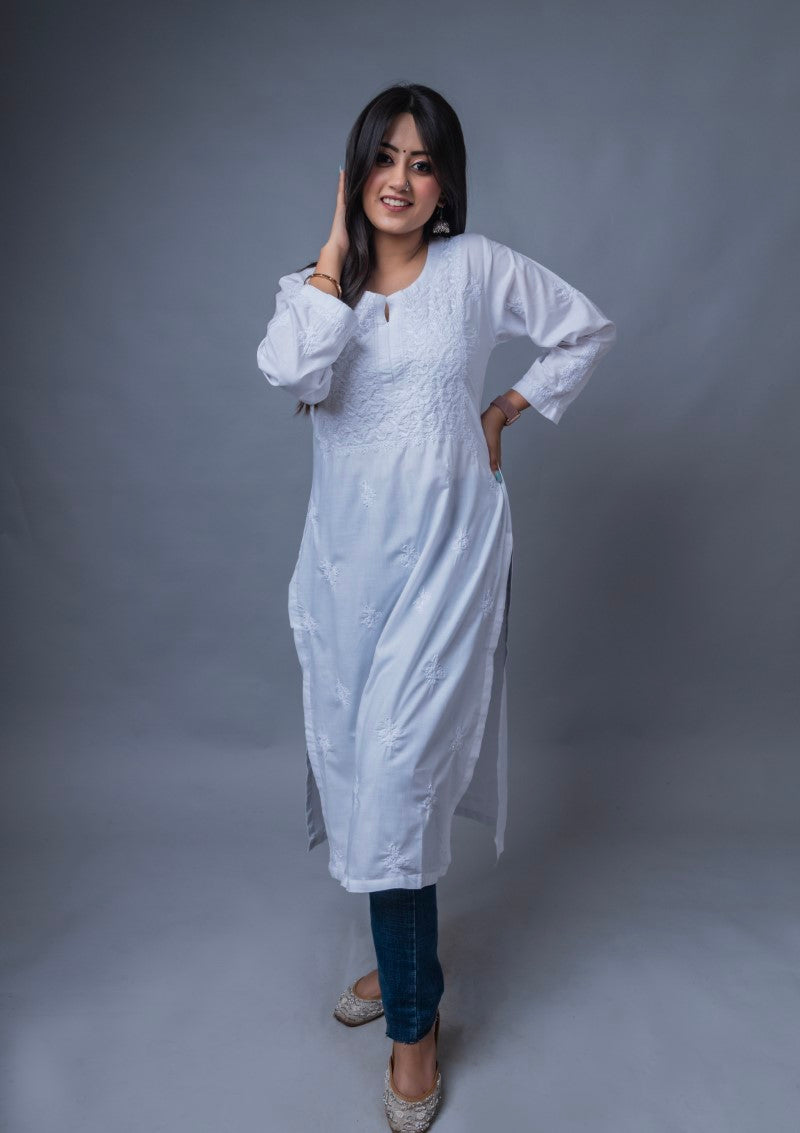 Firdaus Chikan Hand Embroidered White Cotton Lucknowi Chikan Kurta-FCL10016