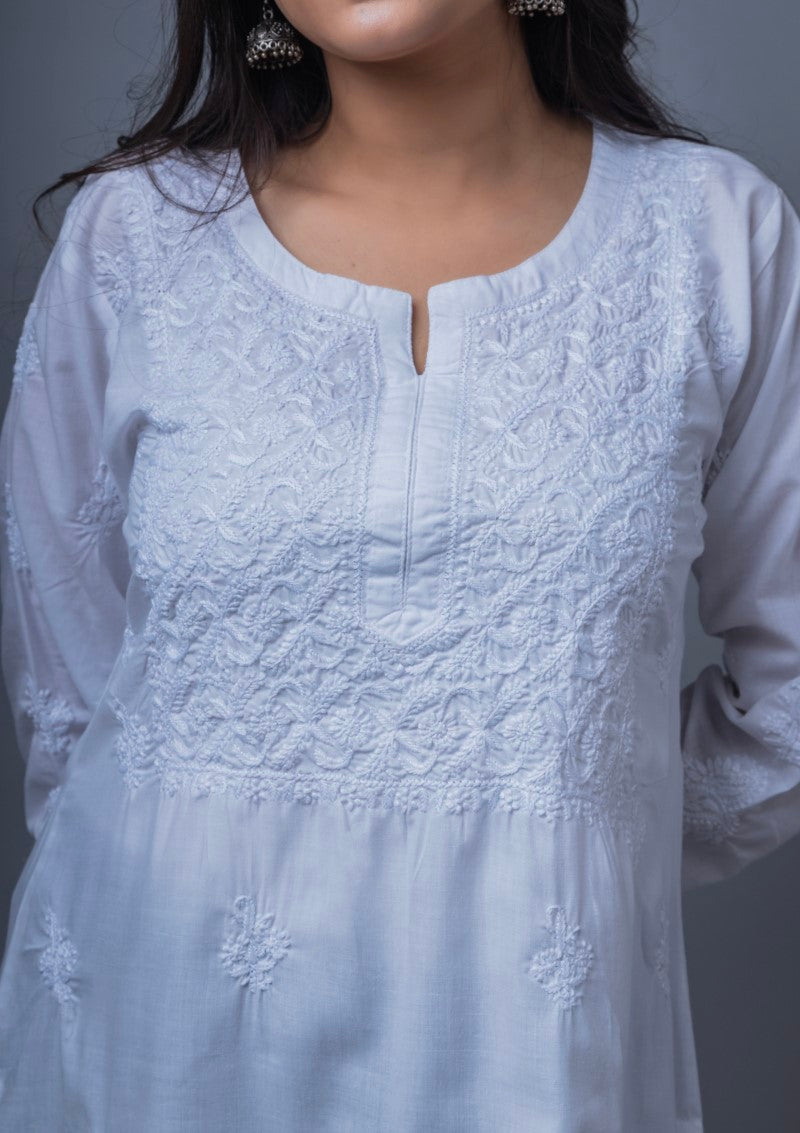 Firdaus Chikan Hand Embroidered White Cotton Lucknowi Chikan Kurta-FCL10016