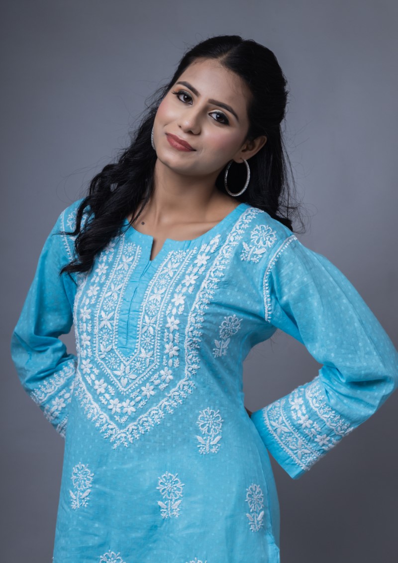 Firdaus Chikan Hand Embroidered Blue Cotton Lucknowi Chikan Kurta-FCL10017