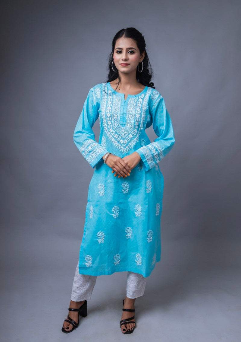 Firdaus Chikan Hand Embroidered Blue Cotton Lucknowi Chikan Kurta-FCL10017