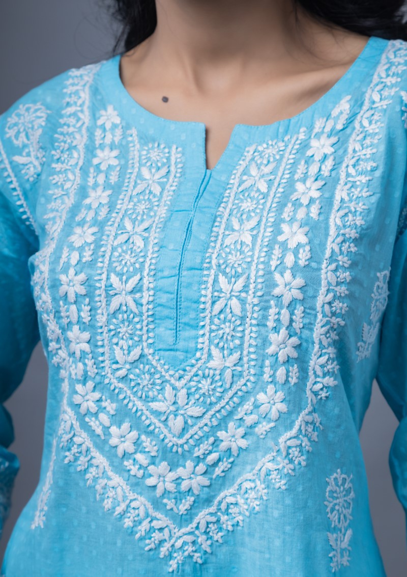 Firdaus Chikan Hand Embroidered Blue Cotton Lucknowi Chikan Kurta-FCL10017