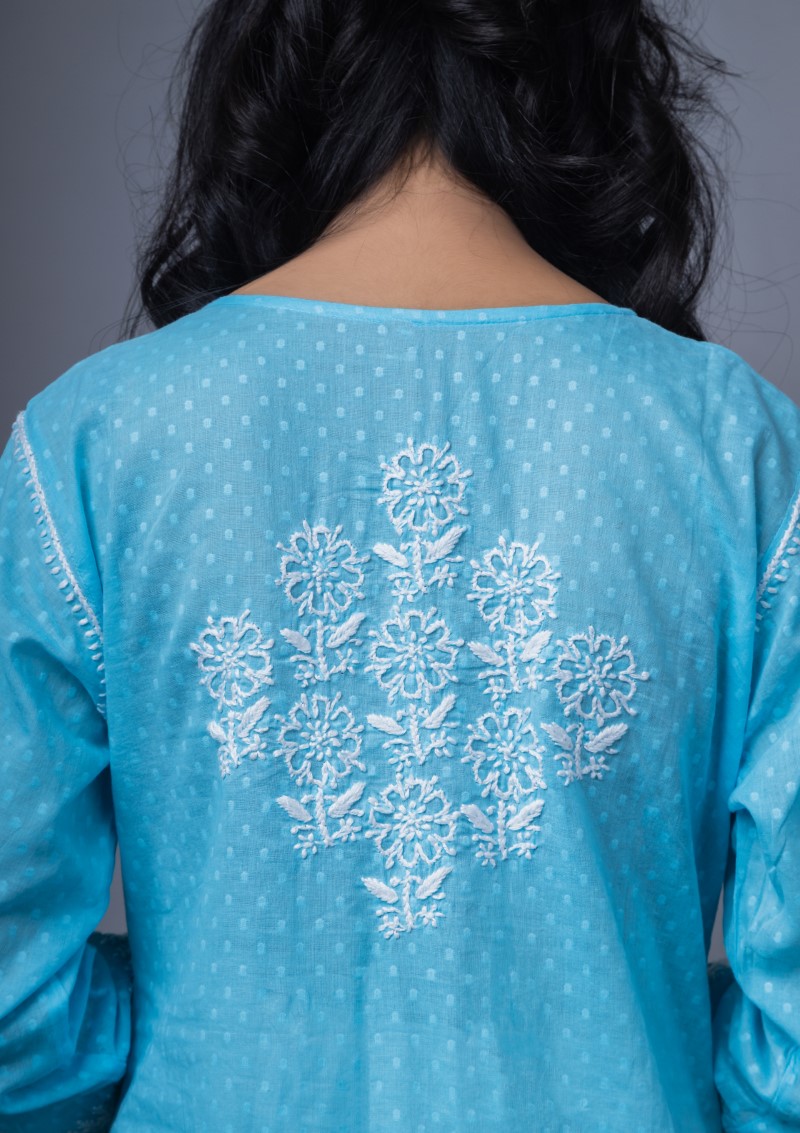 Firdaus Chikan Hand Embroidered Blue Cotton Lucknowi Chikan Kurta-FCL10017