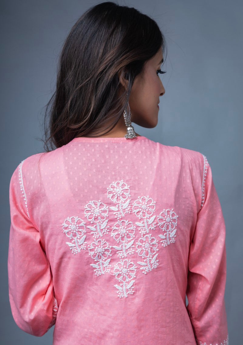 Firdaus Chikan Hand Embroidered Pink Cotton Lucknowi Chikan Kurta-FCL10018