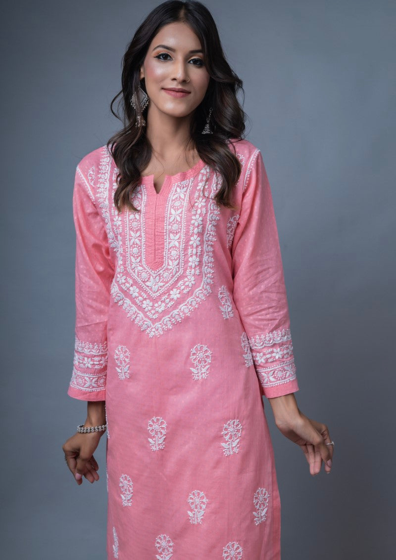 Firdaus Chikan Hand Embroidered Pink Cotton Lucknowi Chikan Kurta-FCL10018