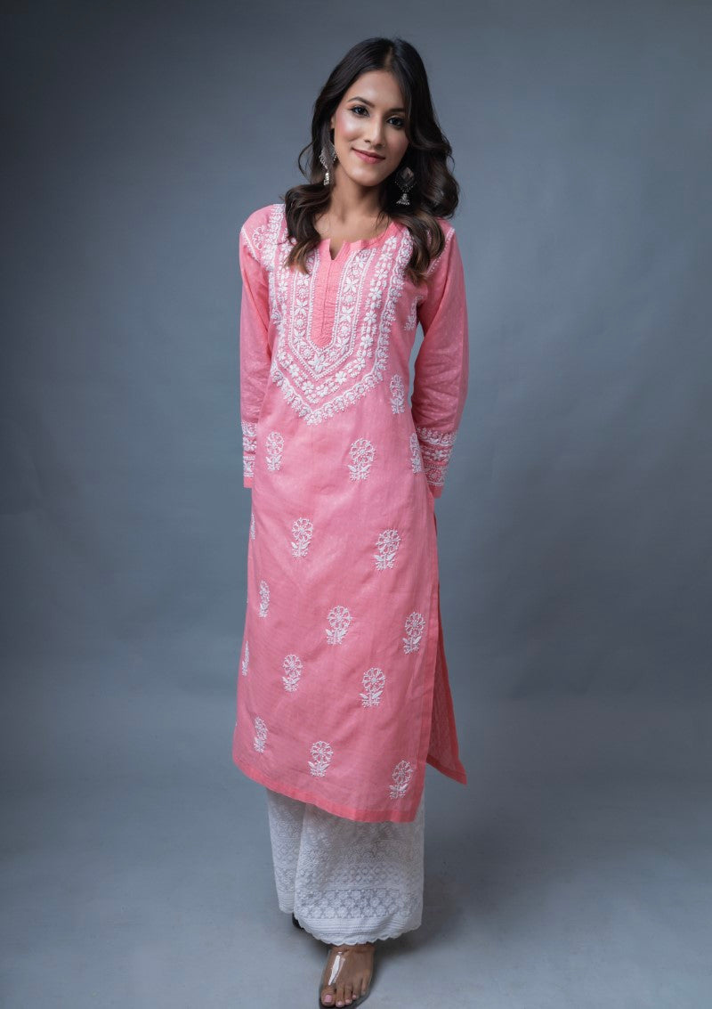 Firdaus Chikan Hand Embroidered Pink Cotton Lucknowi Chikan Kurta-FCL10018