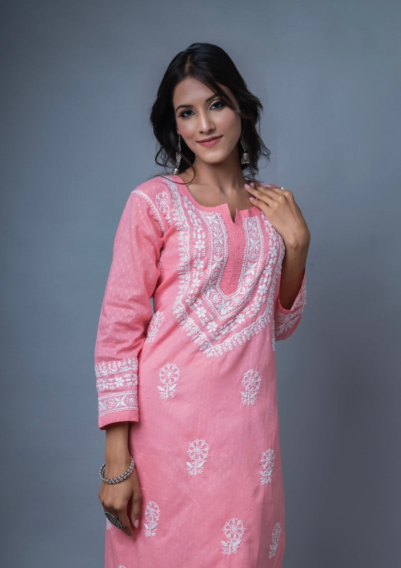 Firdaus Chikan Hand Embroidered Pink Cotton Lucknowi Chikan Kurta-FCL10018