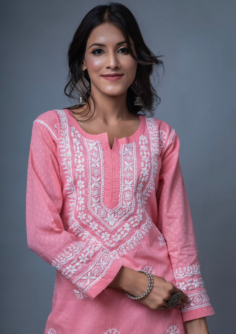 Firdaus Chikan Hand Embroidered Pink Cotton Lucknowi Chikan Kurta-FCL10018