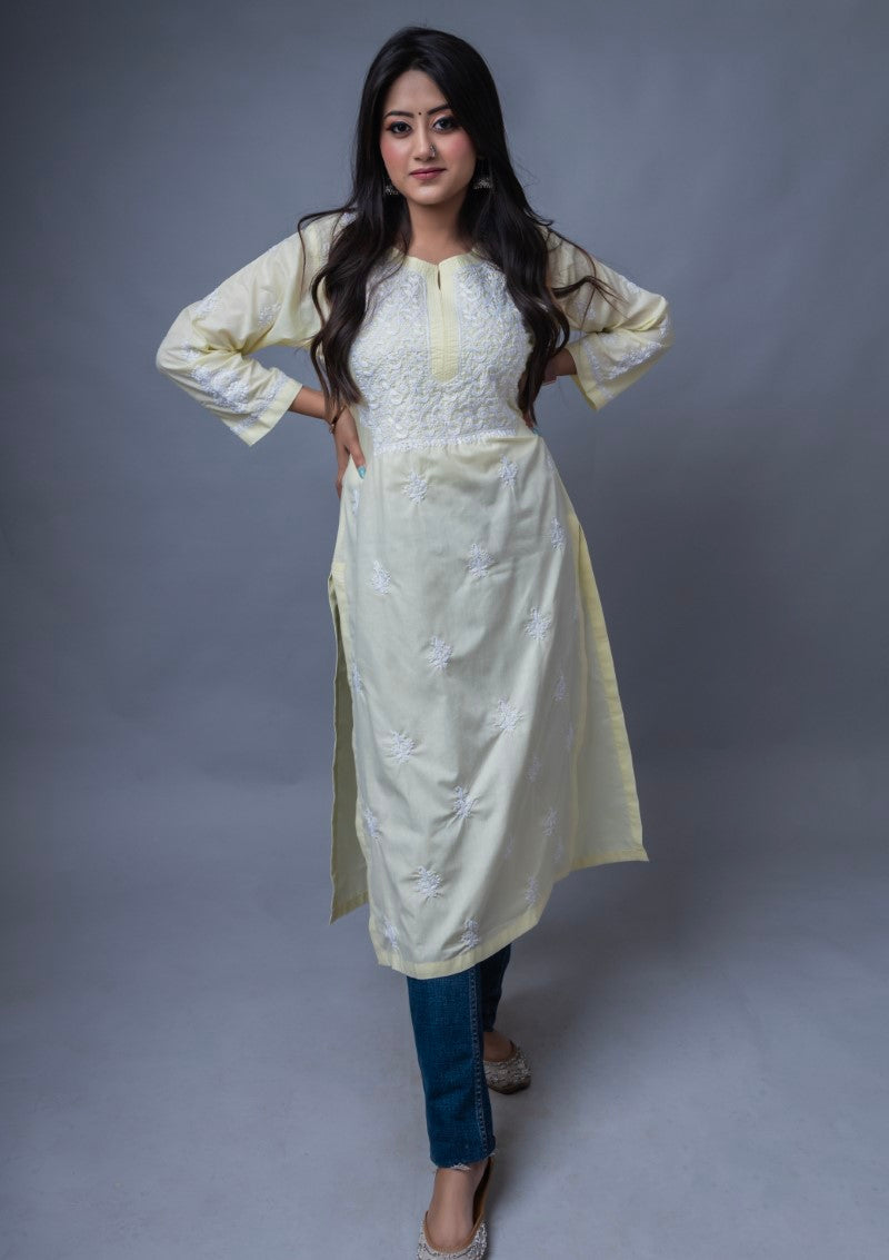 Firdaus Chikan Hand Embroidered Yellow Cotton Lucknowi Chikan Kurta-FCL10019