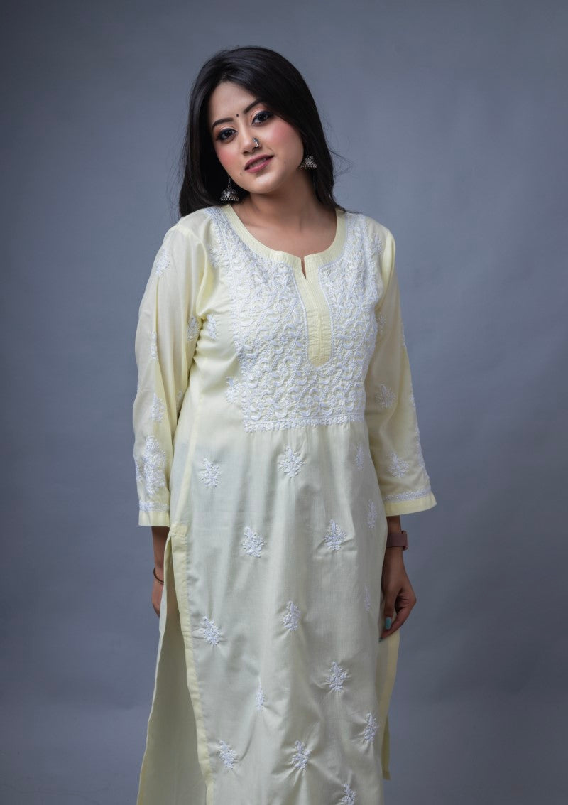Firdaus Chikan Hand Embroidered Yellow Cotton Lucknowi Chikan Kurta-FCL10019
