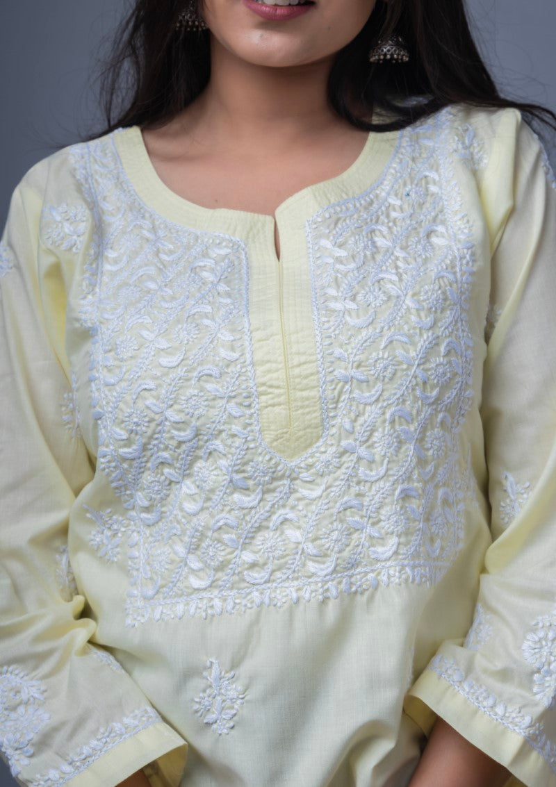 Firdaus Chikan Hand Embroidered Yellow Cotton Lucknowi Chikan Kurta-FCL10019