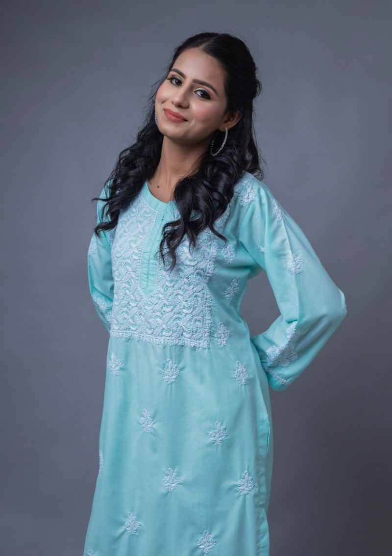 Firdaus Chikan Hand Embroidered Blue Cotton Lucknowi Chikan Kurta-FCL10020