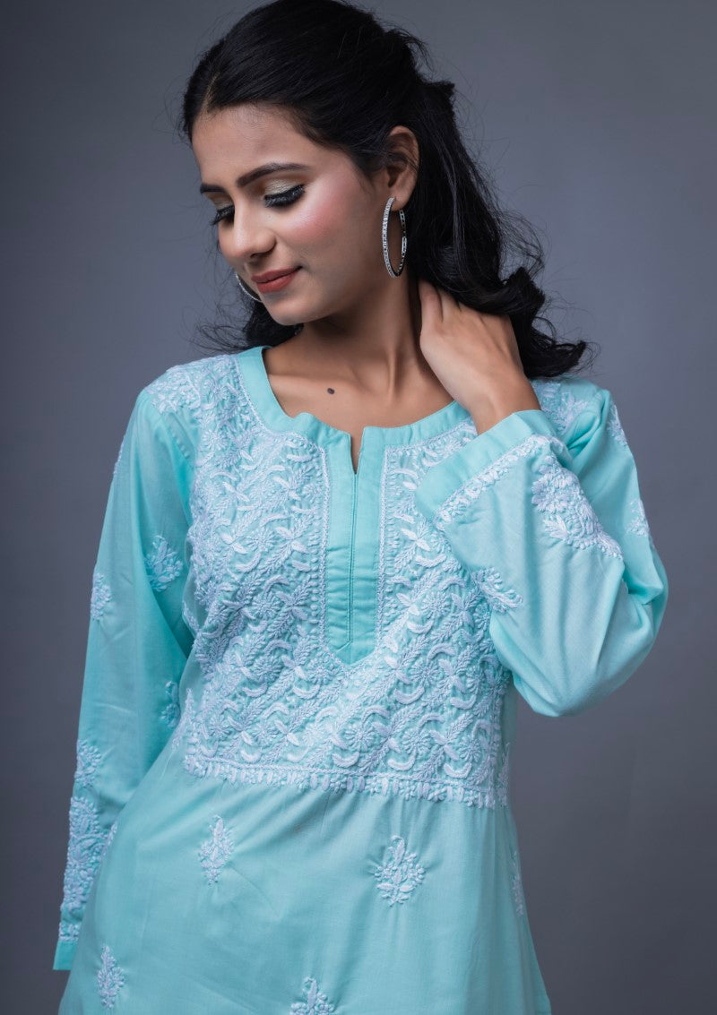 Firdaus Chikan Hand Embroidered Blue Cotton Lucknowi Chikan Kurta-FCL10020