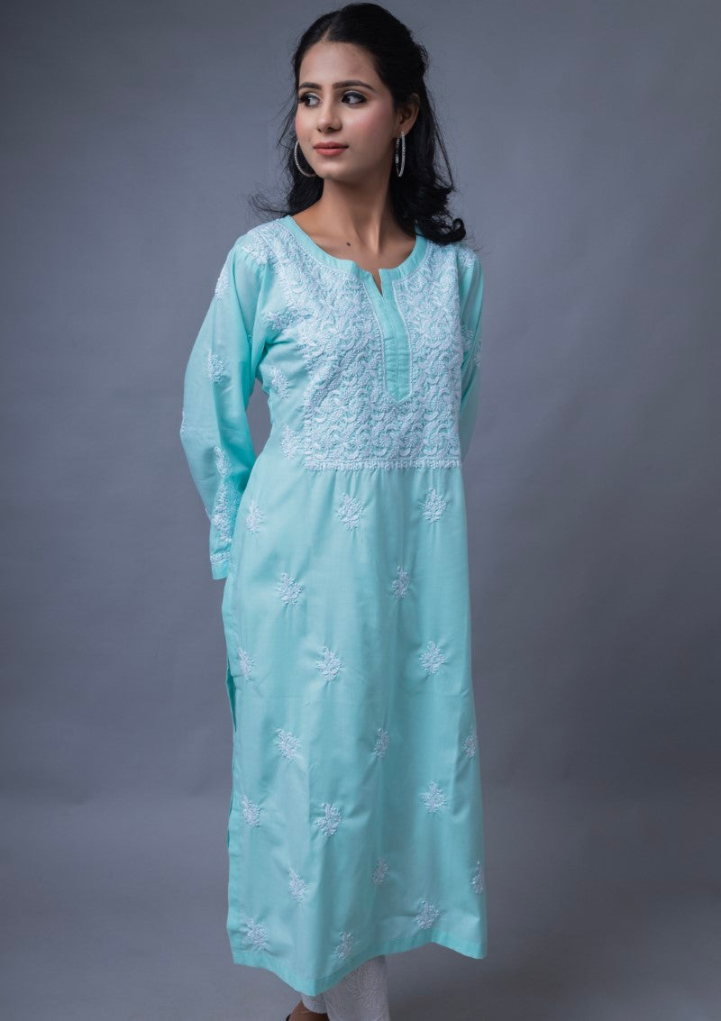 Firdaus Chikan Hand Embroidered Blue Cotton Lucknowi Chikan Kurta-FCL10020