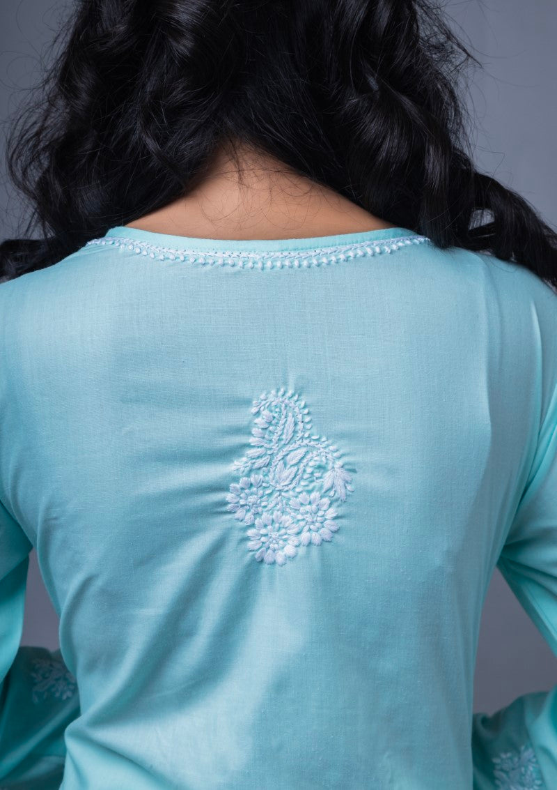 Firdaus Chikan Hand Embroidered Blue Cotton Lucknowi Chikan Kurta-FCL10020