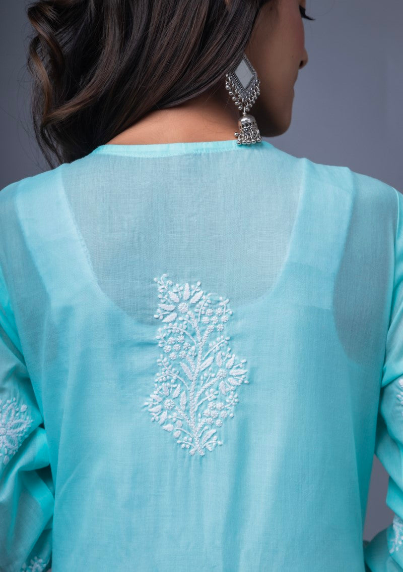 Firdaus Chikan Hand Embroidered Blue Cotton Lucknowi Chikan Kurta-FCL10021
