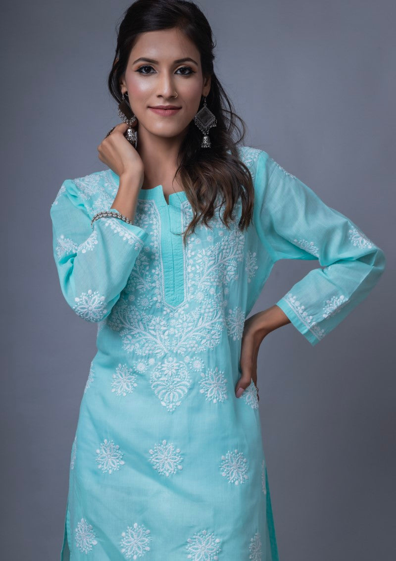 Firdaus Chikan Hand Embroidered Blue Cotton Lucknowi Chikan Kurta-FCL10021