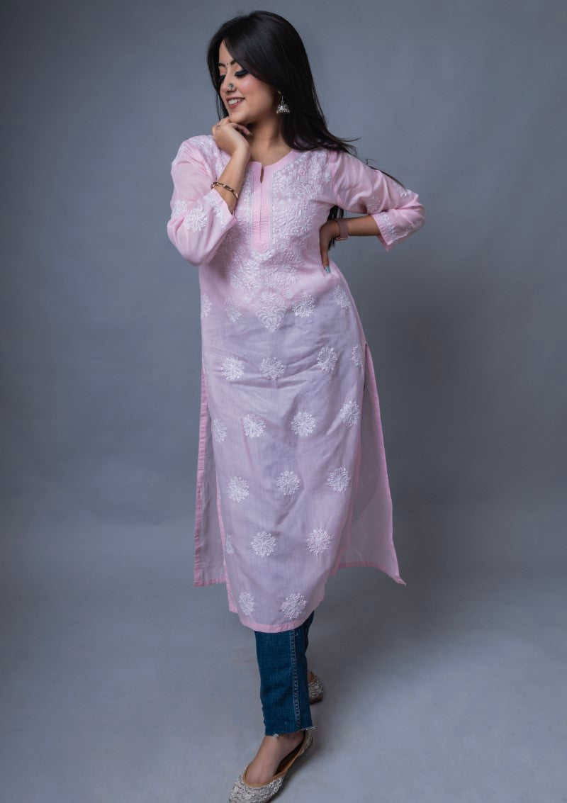 Firdaus Chikan Hand Embroidered Pink Cotton Lucknowi Chikan Kurta-FCL10022