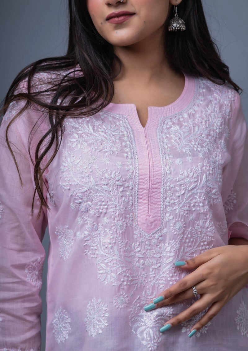 Firdaus Chikan Hand Embroidered Pink Cotton Lucknowi Chikan Kurta-FCL10022