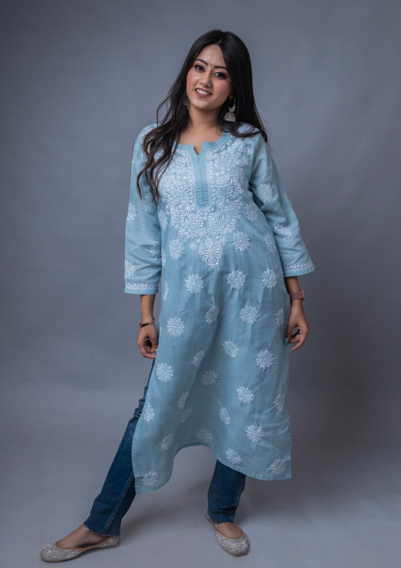 Firdaus Chikan Hand Embroidered Blue Cotton Lucknowi Chikan Kurta-FCL10030