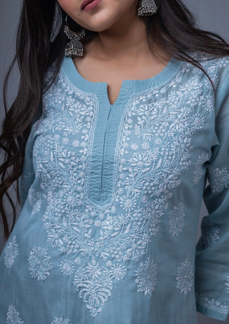 Firdaus Chikan Hand Embroidered Blue Cotton Lucknowi Chikan Kurta-FCL10030