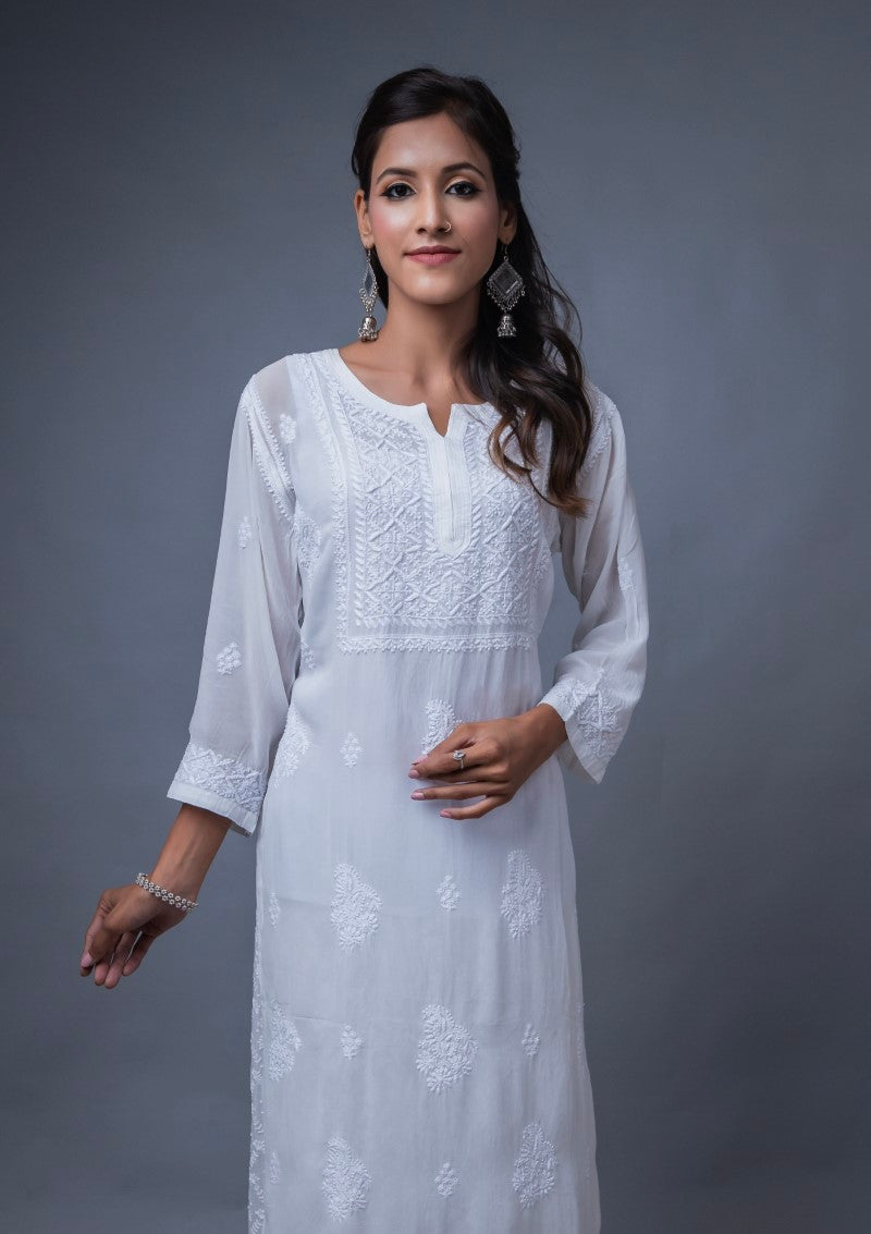 Firdaus Chikan Hand Embroidered White Cotton Lucknowi Chikan Kurta-FCL10025