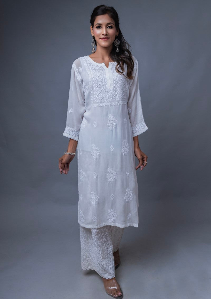 Firdaus Chikan Hand Embroidered White Cotton Lucknowi Chikan Kurta-FCL10025