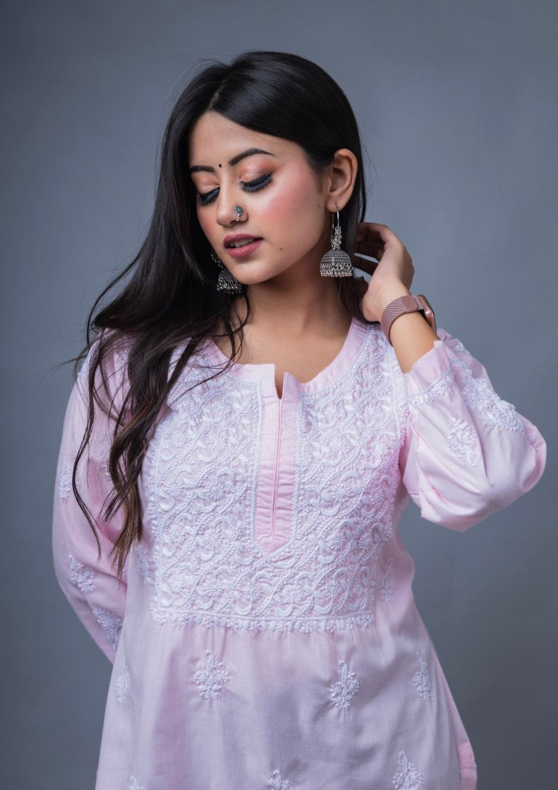 Firdaus Chikan Hand Embroidered Pink Cotton Lucknowi Chikan Kurta-FCL10026