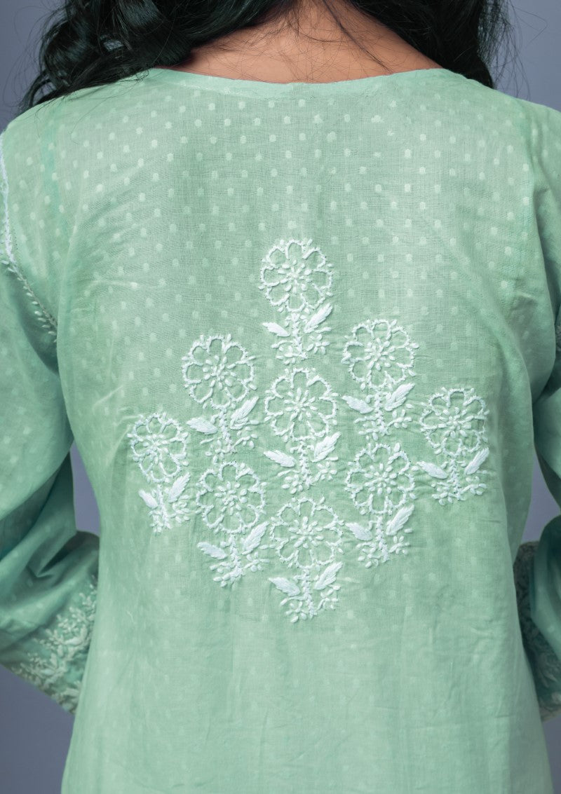 Firdaus Chikan Hand Embroidered Green Cotton Lucknowi Chikan Kurta-FCL10024