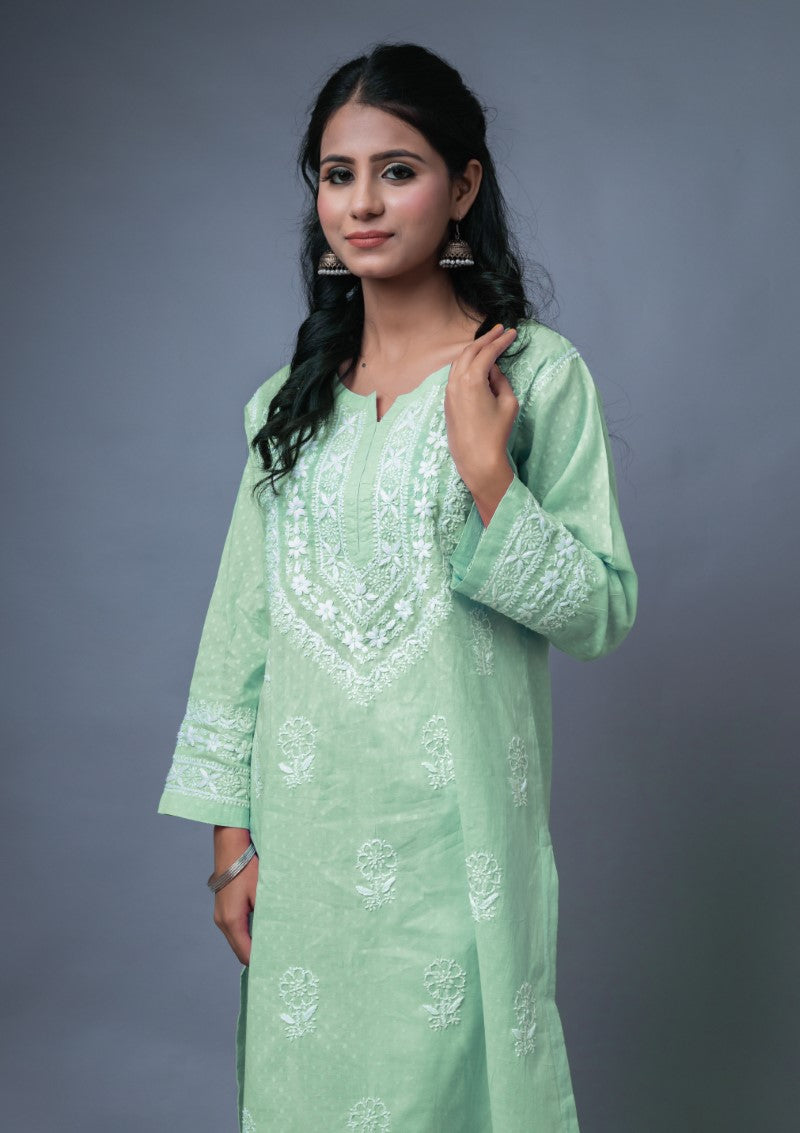 Firdaus Chikan Hand Embroidered Green Cotton Lucknowi Chikan Kurta-FCL10024