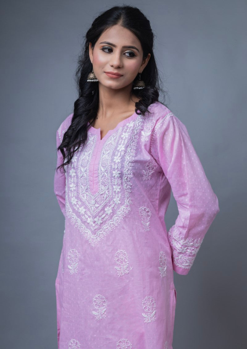 Firdaus Chikan Hand Embroidered Pink Cotton Lucknowi Chikan Kurta-FCL10027