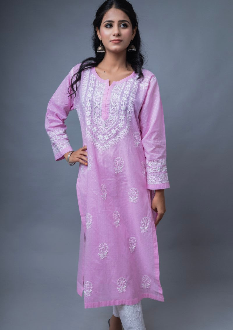 Firdaus Chikan Hand Embroidered Pink Cotton Lucknowi Chikan Kurta-FCL10027