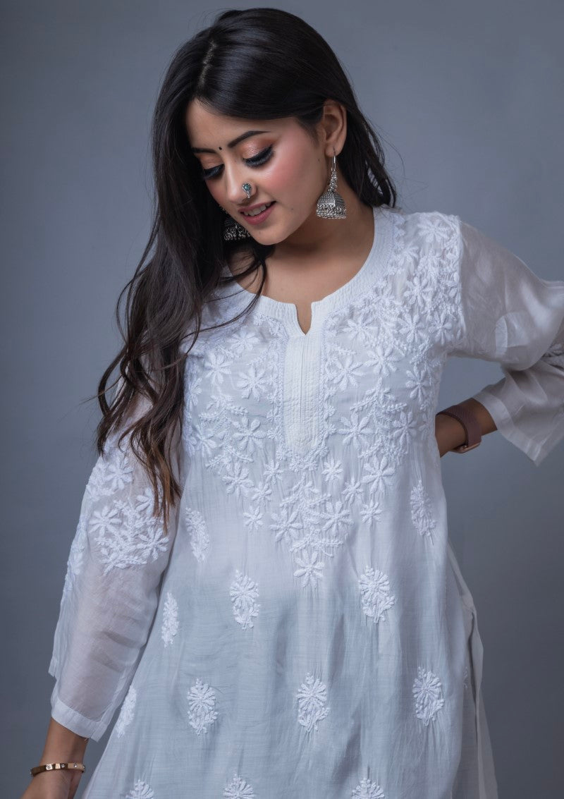 Firdaus Chikan Hand Embroidered White Cotton Lucknowi Chikan Kurta-FCL10028