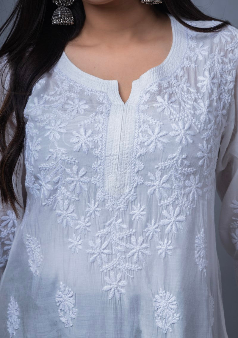 Firdaus Chikan Hand Embroidered White Cotton Lucknowi Chikan Kurta-FCL10028