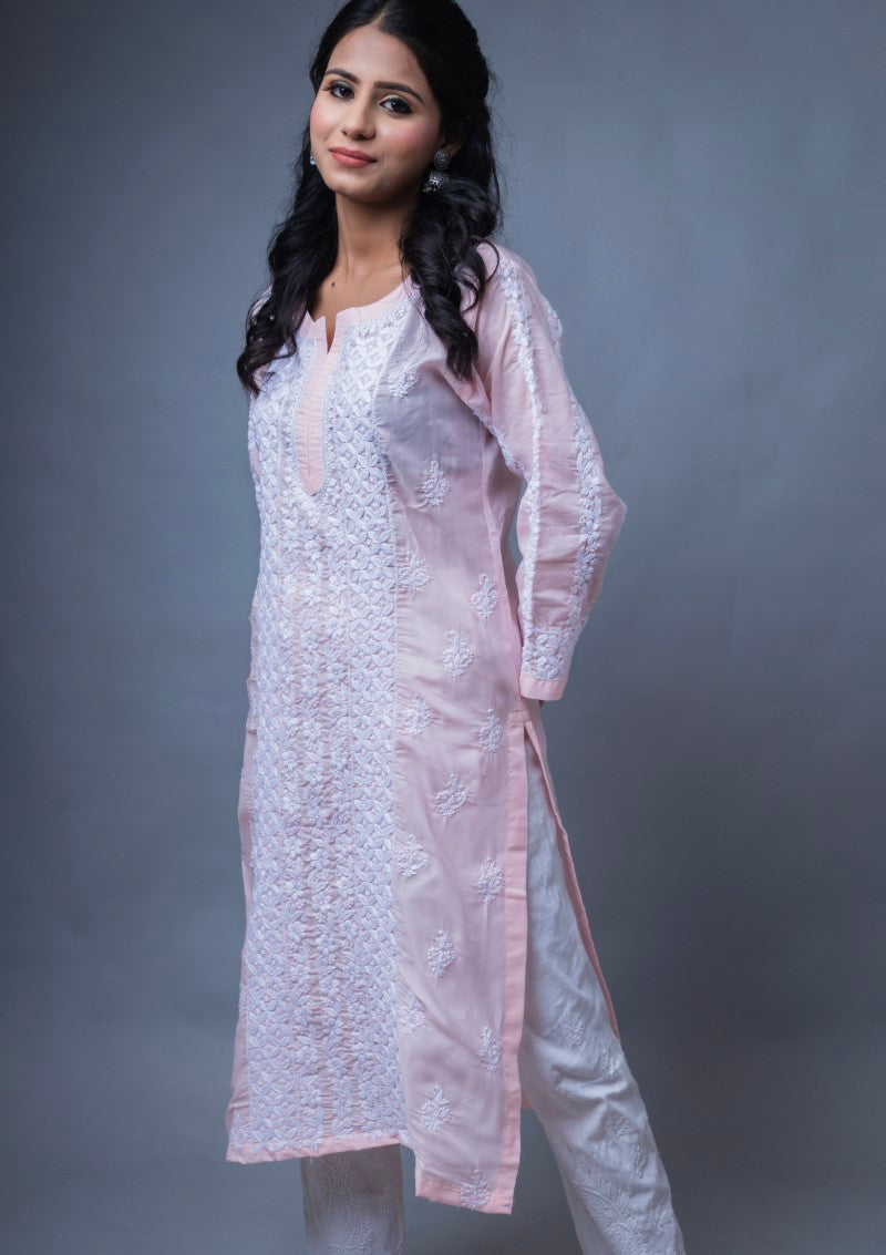 Firdaus Chikan Hand Embroidered Pink Cotton Lucknowi Chikan Kurta-FCL10029