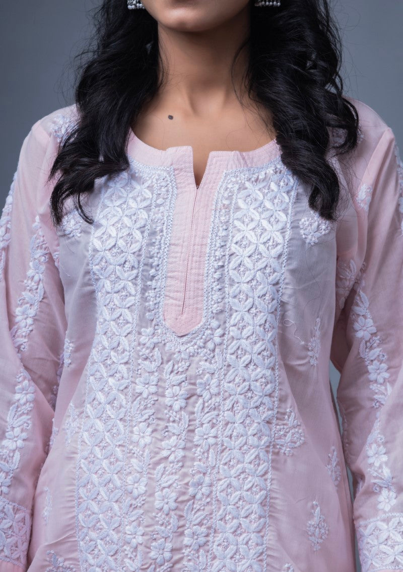 Firdaus Chikan Hand Embroidered Pink Cotton Lucknowi Chikan Kurta-FCL10029